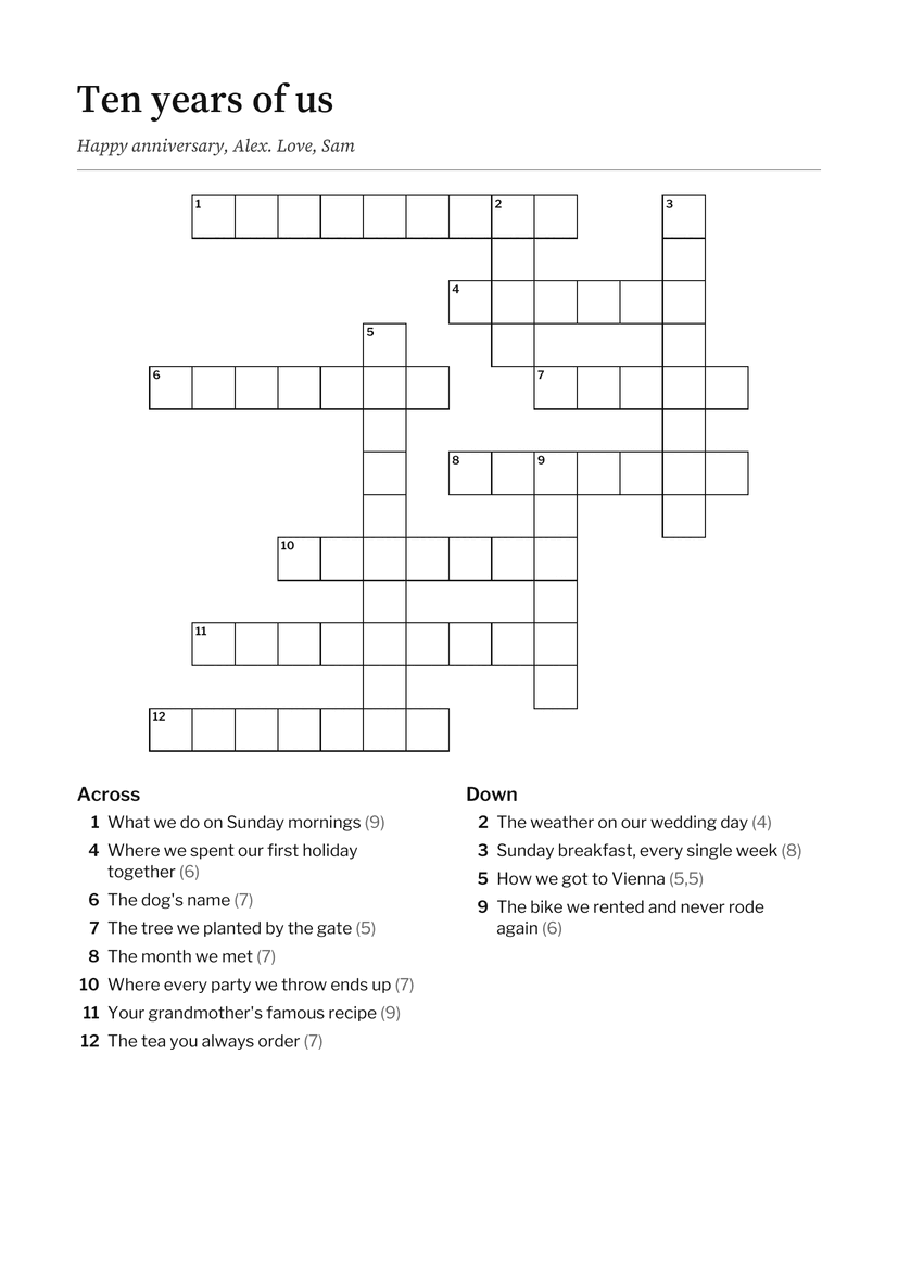 Sample puzzle page titled Ten years of us: a crossword grid of twelve words with numbered Across and Down clues below it.